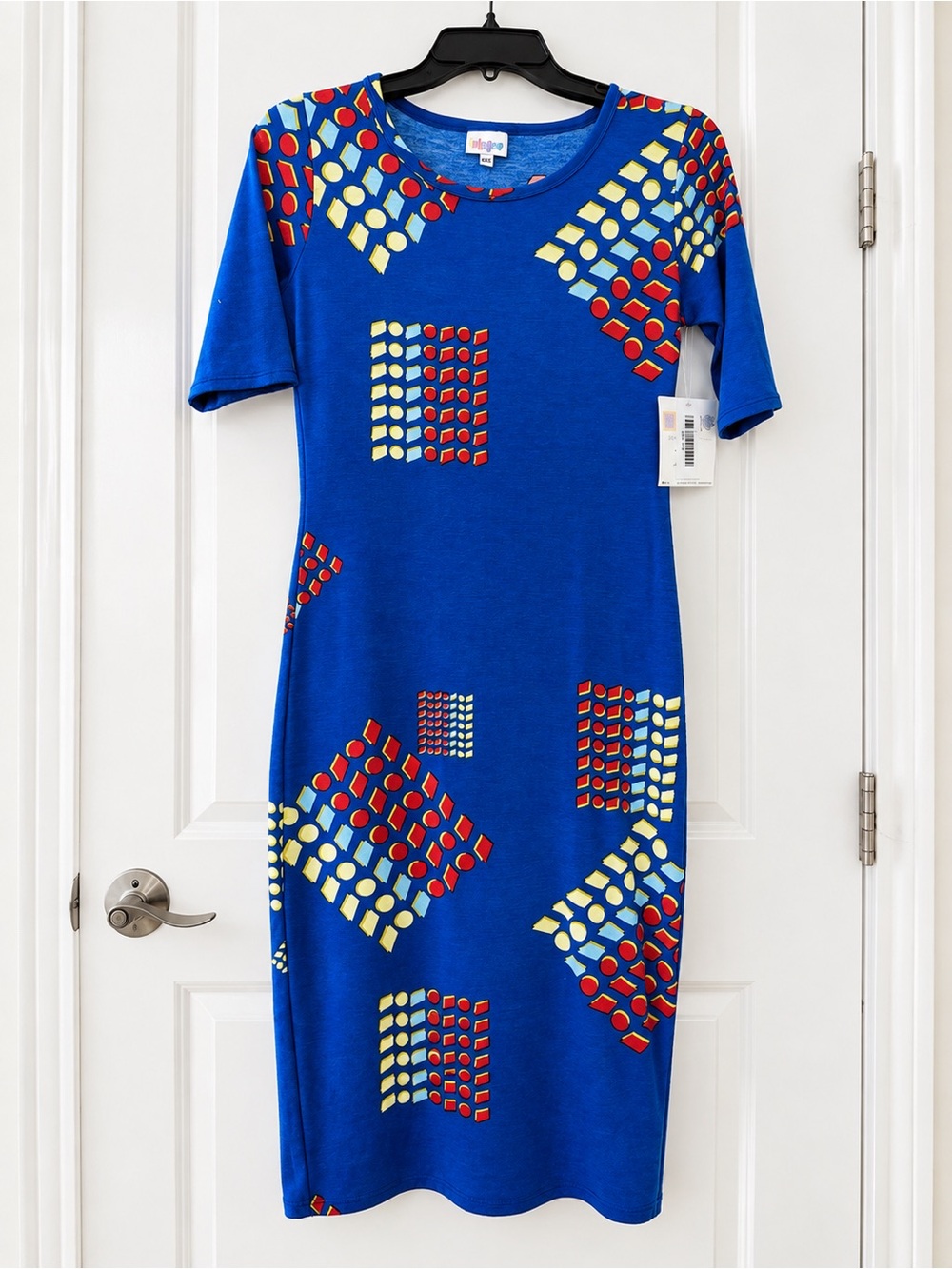 LuLaRoe Blue Midi Dress with Red and Yellow Geometric Print